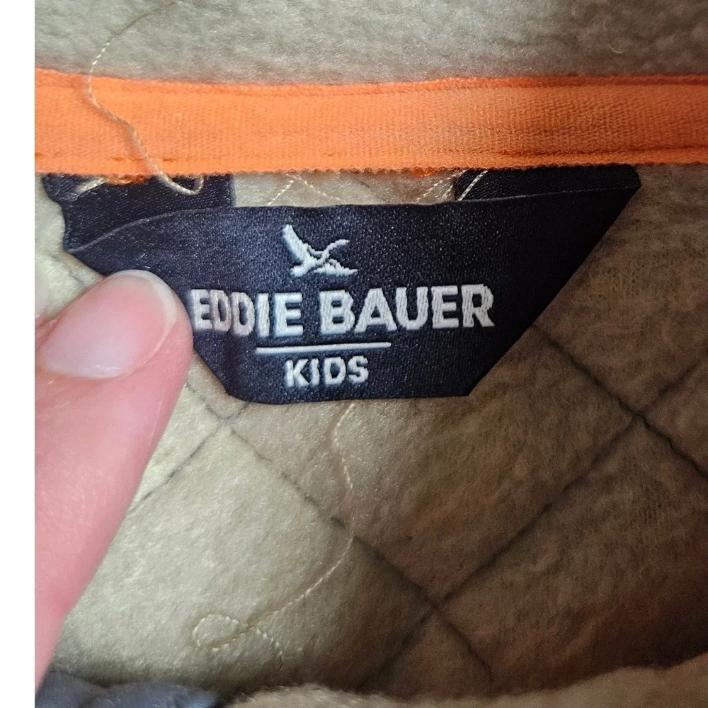 Eddie Bauer Kids Fleece Jacket Tan Gray Quilted Full Zip Mock‎ Neck E9350W550 XL